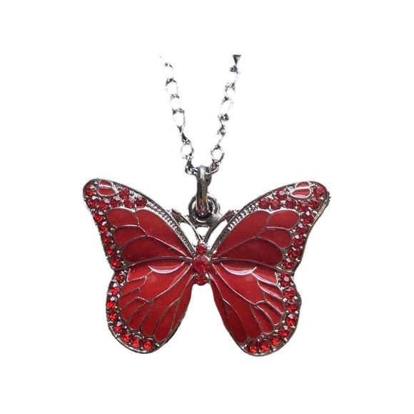 Silver Red Crystal Rhinestone Cubic Zirconia CZ Gemstone Butterfly Necklace - Picture 1 of 5